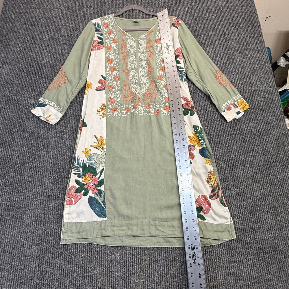 Haya Womens Embroidered‎ Floral Tunic Top Sage Green Long Sleeve Kurta Pakistan - Picture 6 of 10